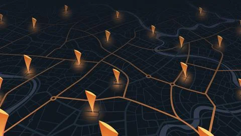 Dark city map background with glowing orange location markers and river in Stock Illustration