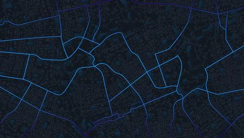 Dark city map background with glowing blue neon street network for night mode Stock Illustration