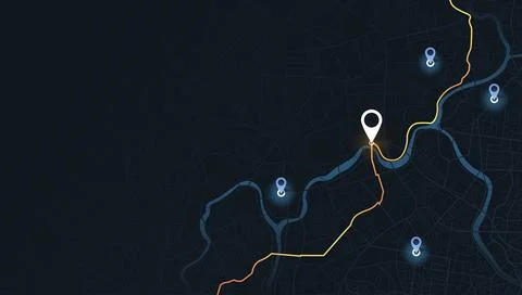 Dark city map background with glowing orange route and white pin. Vector Stock Illustration