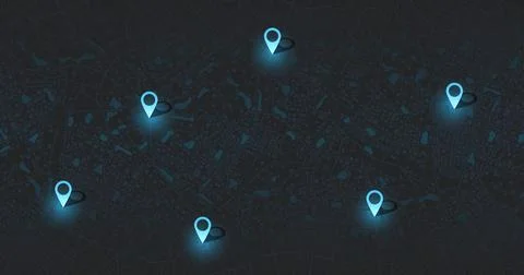 Dark city map background with glowing blue location markers and street Stock Illustration