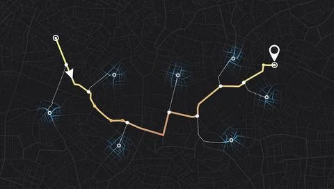 Dark city map background with navigation route. Urban GPS path with waypoints Stock Illustration