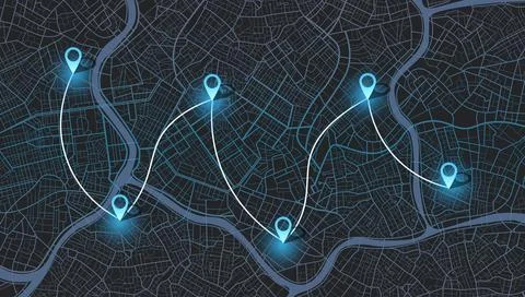 Dark city map background with river and connected location pins. Vector Stock Illustration