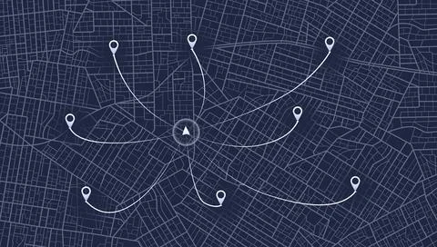 Dark city map with central location hub and scattered destination pins. Vector Stock Illustration