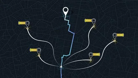 Dark city map dashboard with multiple navigation routes and time markers. Vector Stock Illustration