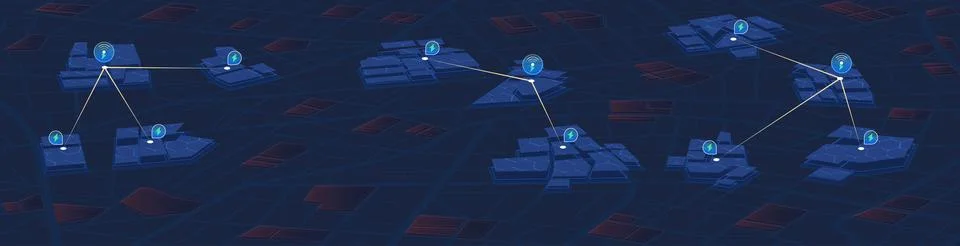 Dark city map displaying connected electric zones and charging stations. Vector Stock Illustration