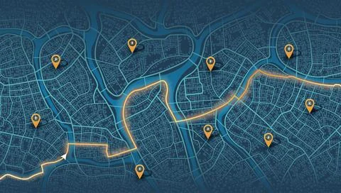 Dark city map with electric charging station pins and glowing route. Vector Stock Illustration