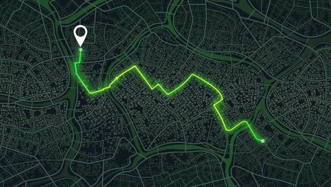 Dark city map featuring glowing green navigation route and white location pin Stock Illustration