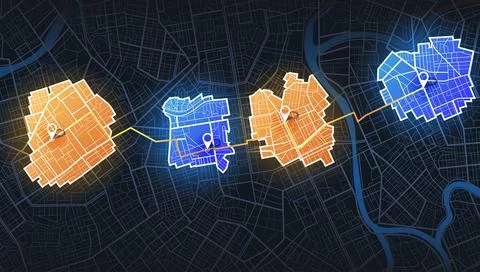 Dark city map with four highlighted districts connected by navigation route Stock Illustration