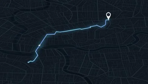 Dark city map with glowing blue route path and white destination pin on street Stock Illustration
