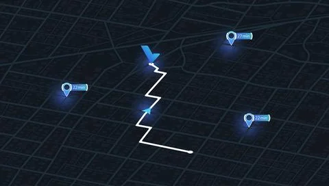Dark city map with glowing location pins showing 3D navigation route and time Stock Illustration