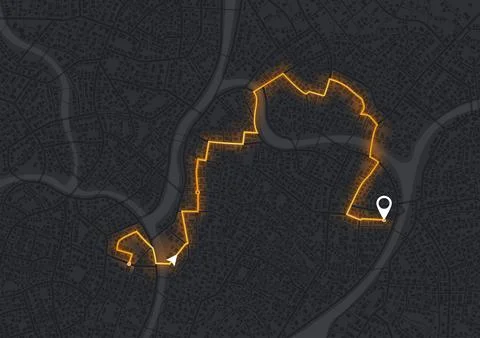 Dark city map with glowing orange route path and destination pin. GPS navigation Stock Illustration