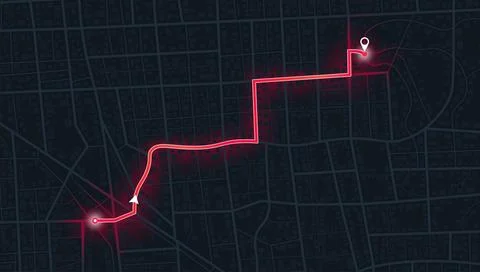 Dark city map with glowing red navigation path and destination pointer on street Illustrazione stock