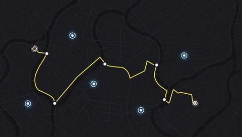 Dark city map interface with yellow GPS navigation route and scattered blue Stock Illustration