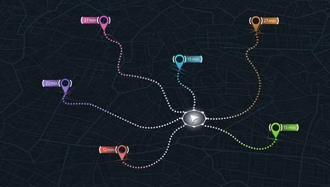Dark city map with multiple colorful navigation routes. GPS tracking dashboard Stock Illustration