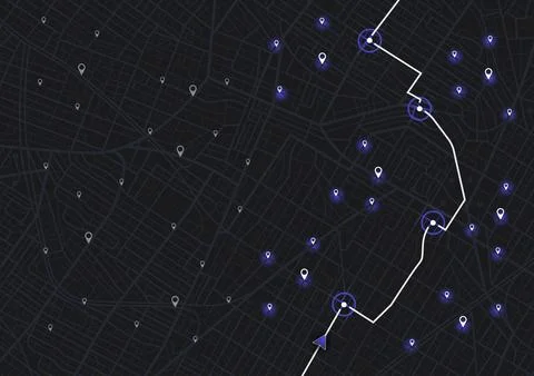 Dark city map navigation with glowing blue pins and white route line. Stock Illustration