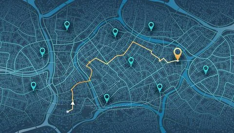 Dark city map with navigation route and multiple location pins connecting to Stock Illustration