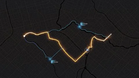 Dark city map navigation showing glowing orange main path and alternative blue Stock Illustration