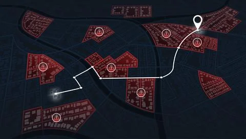 Dark city map with red alert zones, warning icons and navigation route. Vector Stock-Illustration