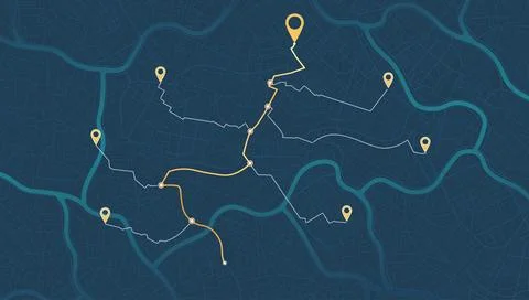 Dark city map with route path and location pins. GPS navigation tracking concept Stock Illustration