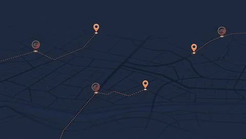 Dark city map with vehicle tracking pins and dashed routes connecting multiple Stock Illustration
