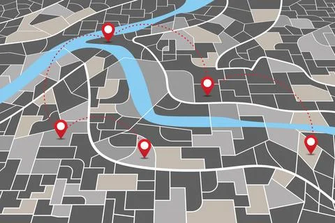 Dark city navigation perspective map with directional pins Stock Illustration