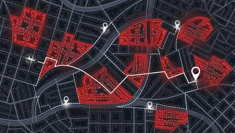 Dark city plan with red highlighted districts and white GPS tracking route. Stock Illustration