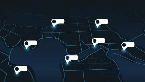 Dark city plan with white blank label markers. River winding through streets. Stock Illustration