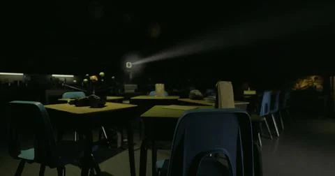 Dark classroom with desks and projector illuminating empty space at night Stock Illustration