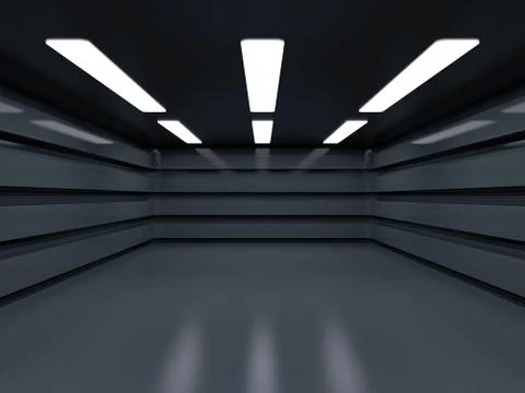 Dark clean interior. Empty open plan interior. 3D Ilustración de archivo