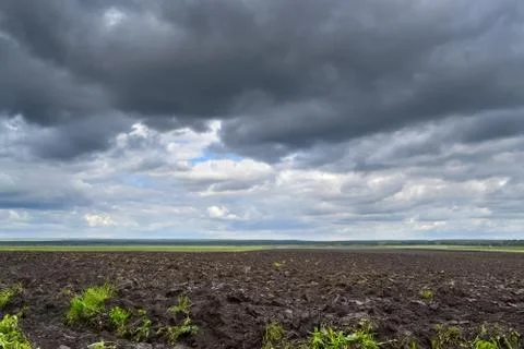 Dark cloud on a blue sky over a plowed field 写真素材