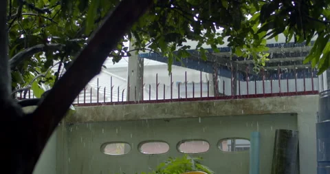 Dark clouds and heavy rainfall with large raindrops falling intensely. Stock Footage 323344520
