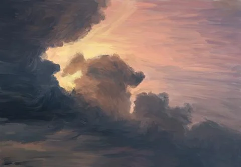 Dark clouds and sun rays. Cloudscape at sunset. Digital oil painting. Stock Illustration