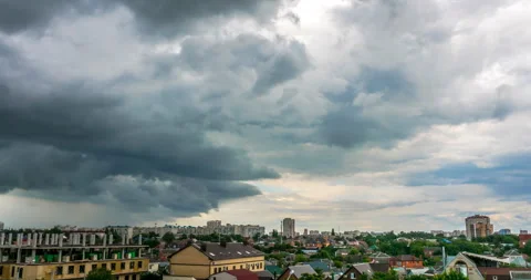 Dark clouds cover the sun against a cityscape Stock Footage 112613412