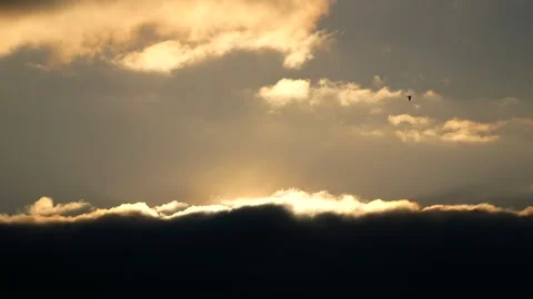 Dark clouds with golden sun beams - sky background, birds, sunrise - real time Stock Footage 154696013