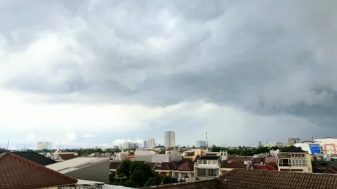 Dark clouds before heavy rain fly across the evening sky in the urban area... Stock Footage 295504102