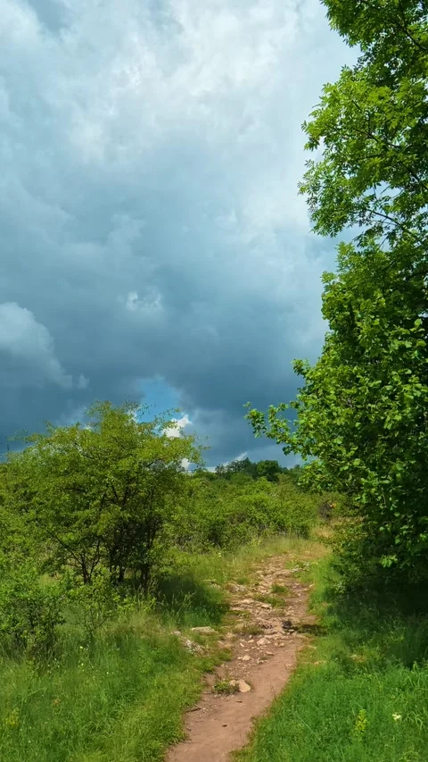 Dark clouds loom over a winding dirt trail. Kozji Kamen area, Vertical 스톡 동영상 341881580
