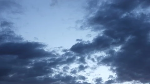 Dark clouds move across the evening sky in the blue hour. Birds fly through the 스톡 동영상 164669446