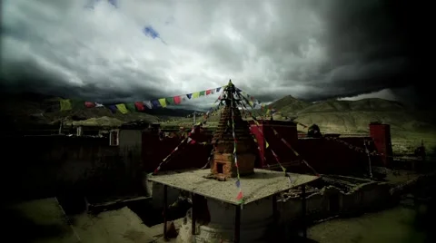 Dark clouds moving over a Monastery in Mustang, Nepal Stock Footage 62923857