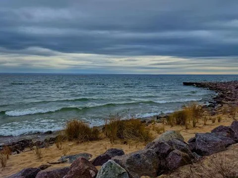 Dark clouds over Baltic Sea. Hel, Poland 库存照片