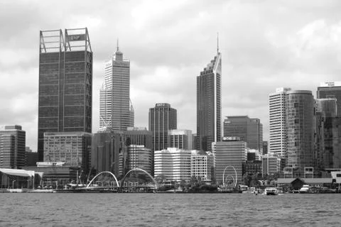 Dark clouds over Perth city financial center skyline Stock Photos