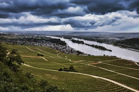 Dark clouds over Ruedesheim, River Rhine, Germany Stock Photos