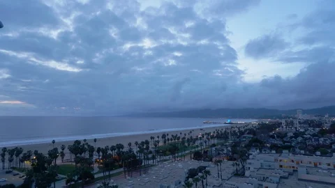 Dark clouds over Santa Monica pier at sunset Stock Footage 89166590