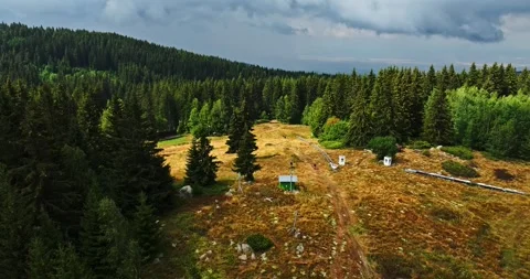 Dark Clouds Over Sunny Mountain Landscape Lonely Runner Jogging Among Evergreen Stock Footage 300446842
