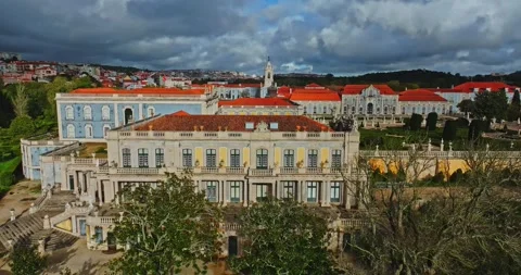 Dark Clouds Passing Over Queluz Palace And Gardens Cinematic Opening Aerial Stock-Footage 300448681