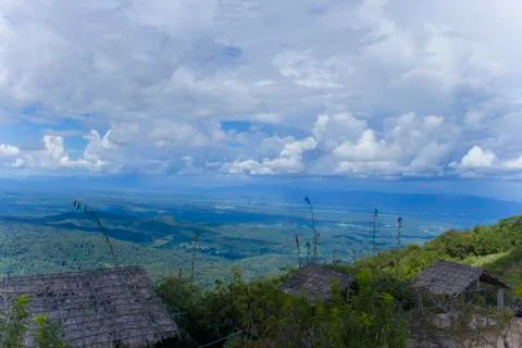 Dark clouds before the storm is the background. Black clouds cover the forest Stock Photos