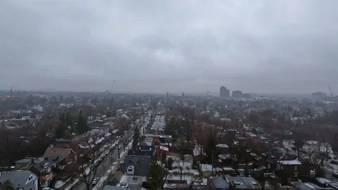 Dark Clouds Toronto City Skyline Neighborhood Cars Driving UTurn Traffic Aerial Stock Footage 231177386