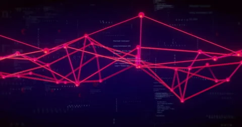 Dark code backdrop flickering causing red nodes and pulsing lines emerging Stock Footage 309893985
