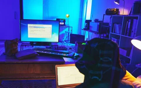 Dark, coding and woman with a computer for hacking, data thief and stealing Stock Photos