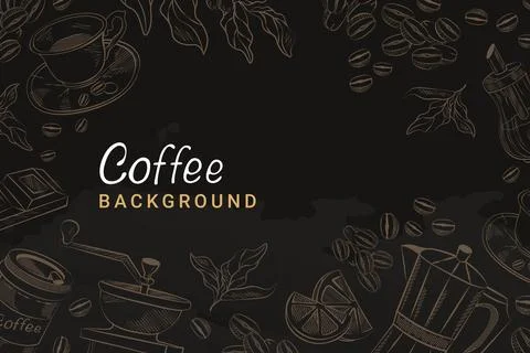 Dark coffee background with hand drawn illustrations in a circle Stock Illustration