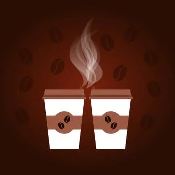 Dark coffee background with two white and brown disposable cups, steam, coffe Illustrazione stock